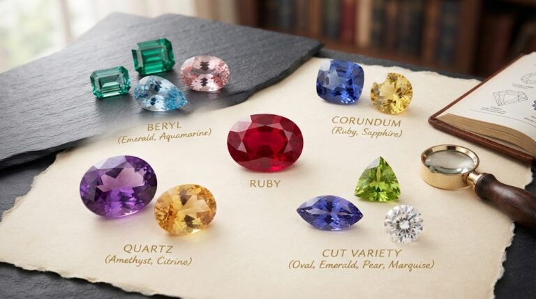 Assorted natural loose gemstones representing different mineral families, colors, and cuts arranged on parchment paper and slate next to a jeweler's loupe.