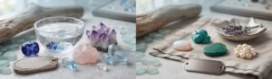 A high-resolution header image split into two halves, comparing gemstones that can get wet versus those that must stay dry. On the left, a bowl of water with submerged crystals (sapphire, amethyst). On the right, delicate stones (opal, turquoise, pearls) on linen.