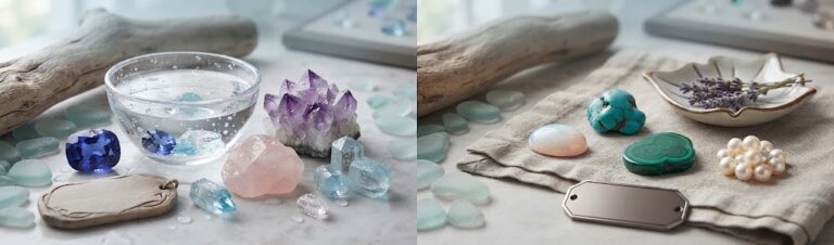 A high-resolution header image split into two halves, comparing gemstones that can get wet versus those that must stay dry. On the left, a bowl of water with submerged crystals (sapphire, amethyst). On the right, delicate stones (opal, turquoise, pearls) on linen.